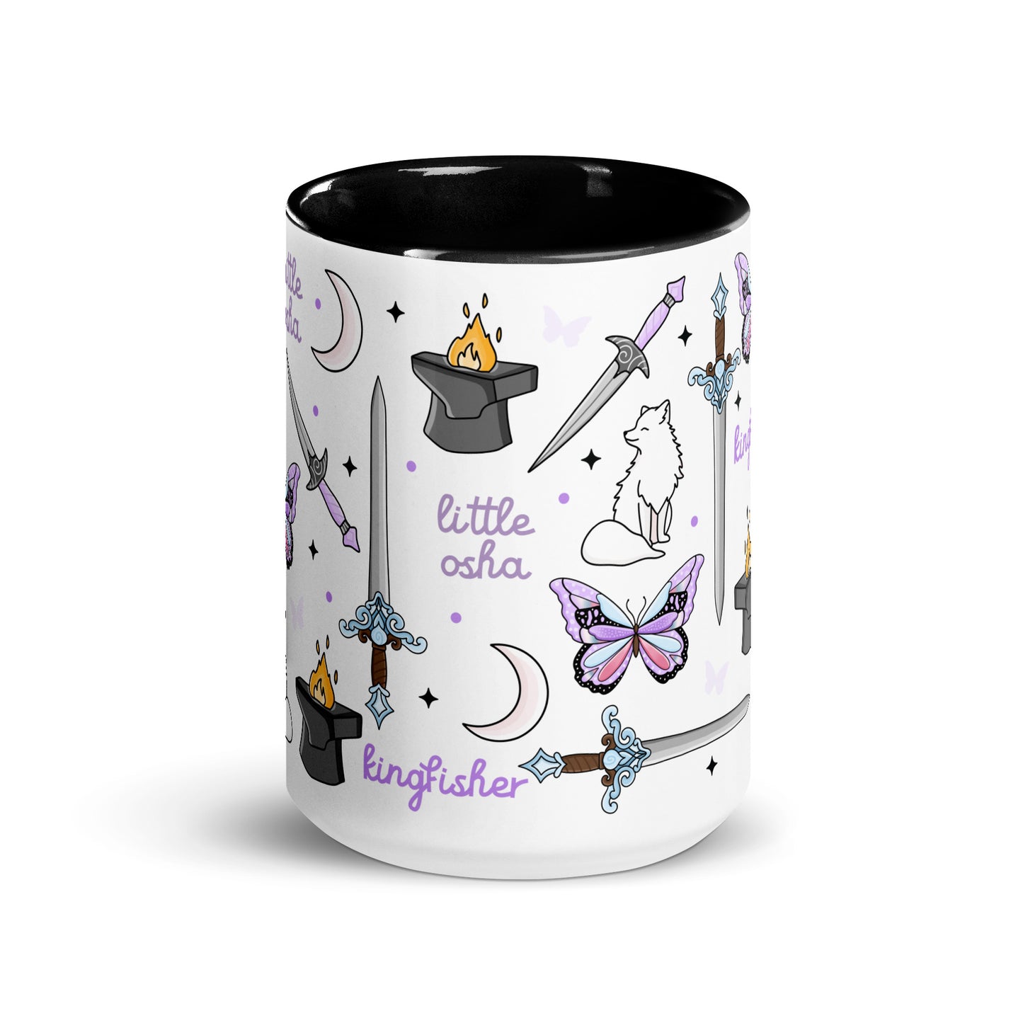 Little Osha Fantasy Scatter Pattern Accent Coffee Mug Spinsterly Co, white ceramic with glossy dark fantasy art