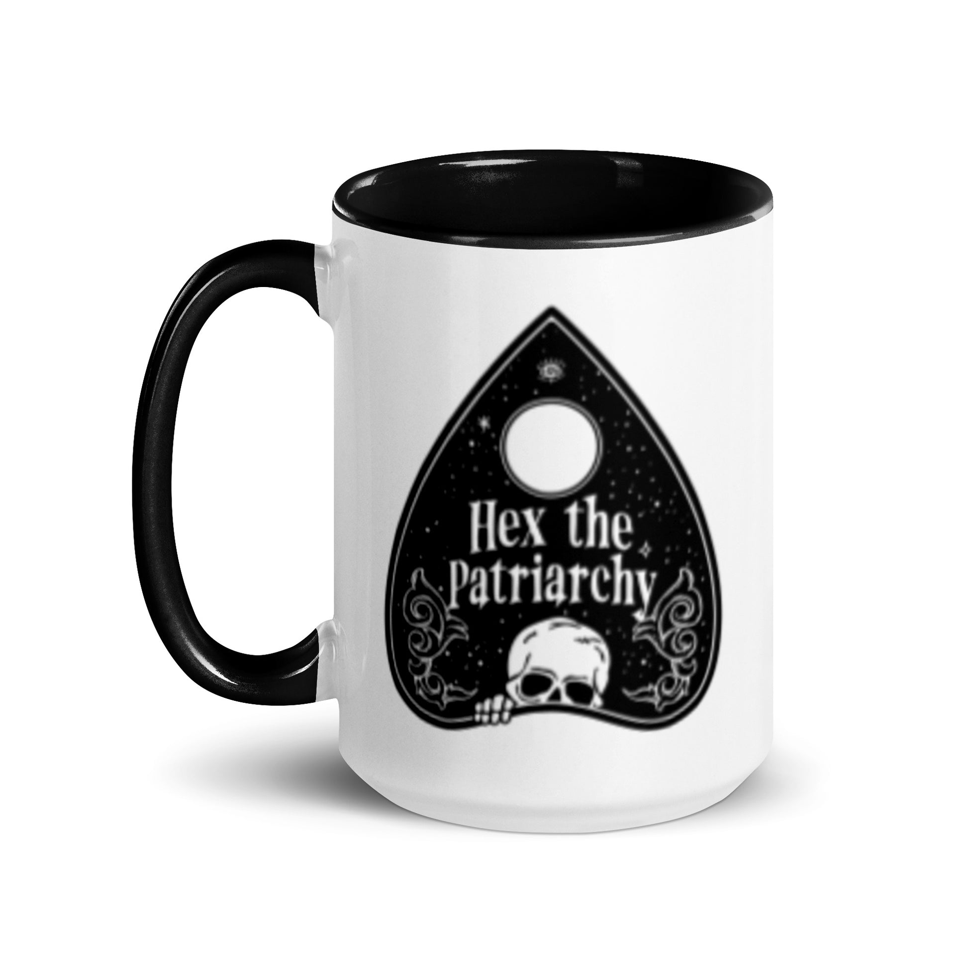 Hex the Patriarchy Ouija Planchette Color Inside Ceramic Coffee Mug by Spinsterly Co, glossy black and white