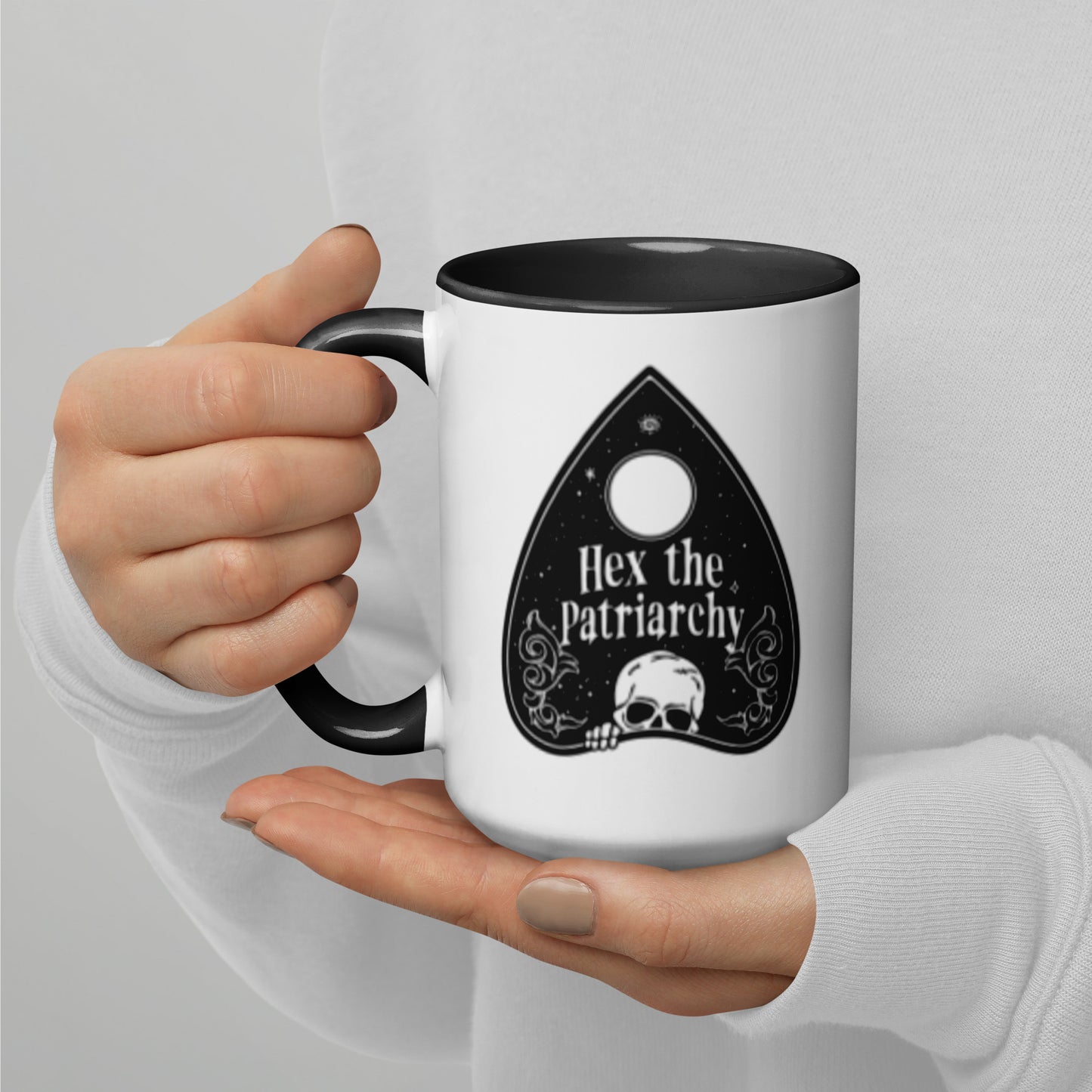 Hex the Patriarchy Ouija Planchette Color Inside Ceramic Coffee Mug by Spinsterly Co, white with black glossy lid