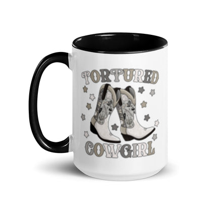 Tortured Cowgirl Western Boot Accent Coffee Mug by Spinsterly Co, glossy white ceramic with cowboy boot graphic