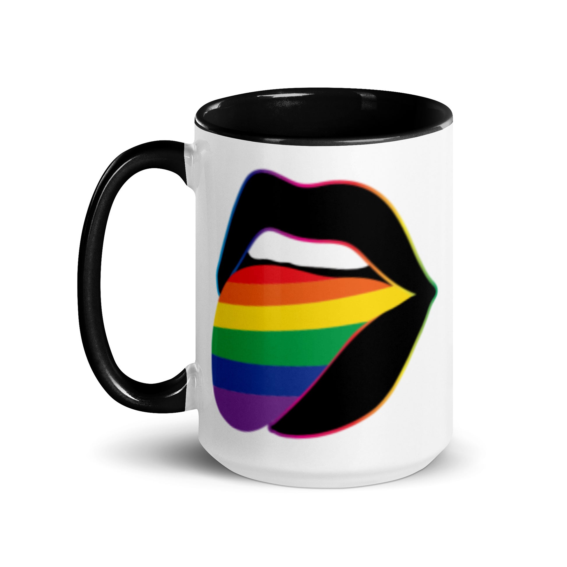 Pride Lips Mug Rainbow LGBTQ Ceramic Mug by Spinsterly Co in Black with glossy ceramic finish