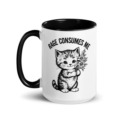Rage Consumes Me Angry Cat Accent Coffee Mug Spinsterly Co ceramic mug with glossy black interior and cat graphic