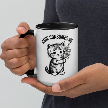 Rage Consumes Me Angry Cat Accent Coffee Mug Spinsterly Co ceramic mug with glossy black interior and cat graphic