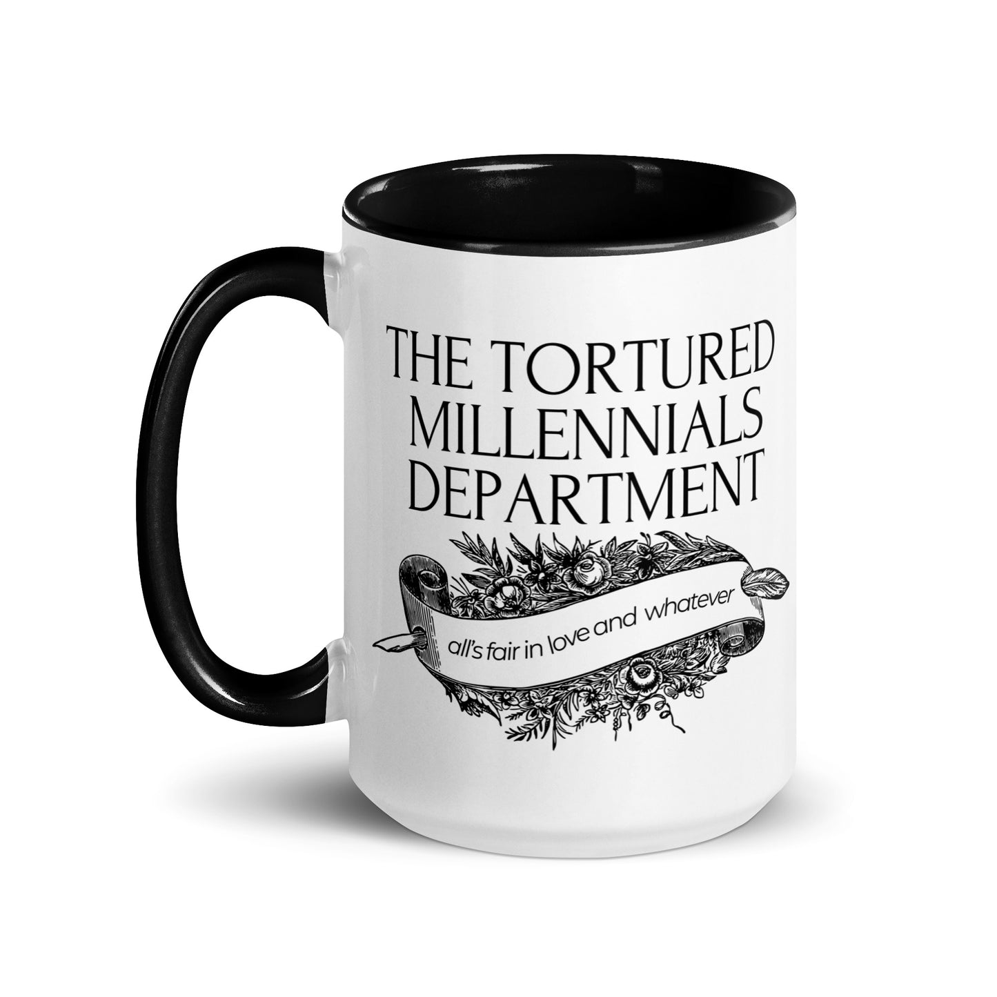 The Tortured Millennials Department Accent Coffee Mug Spinsterly Co ceramic mug with glossy finish and black interior