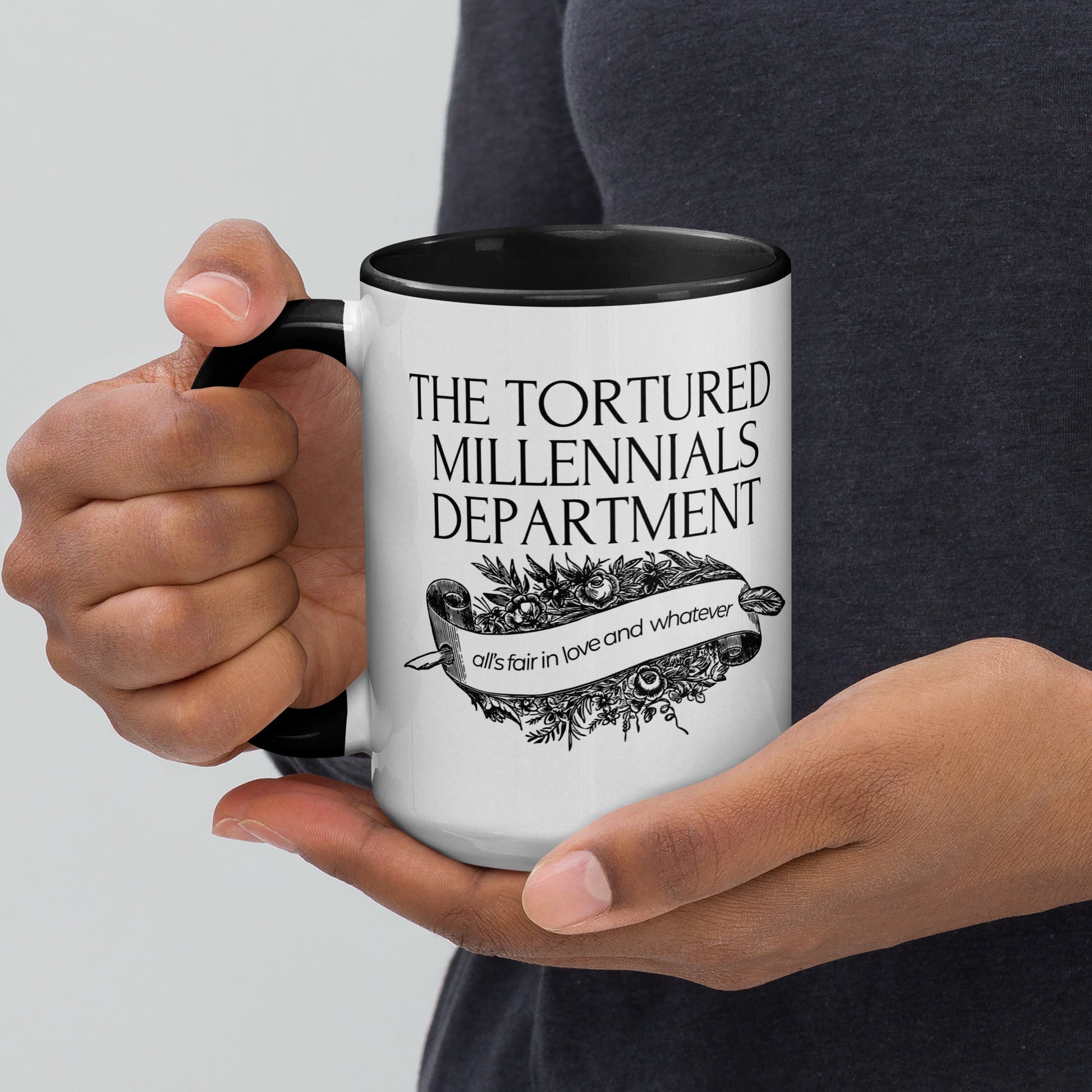 The Tortured Millennials Department Accent Coffee Mug Spinsterly Co ceramic mug with glossy black interior