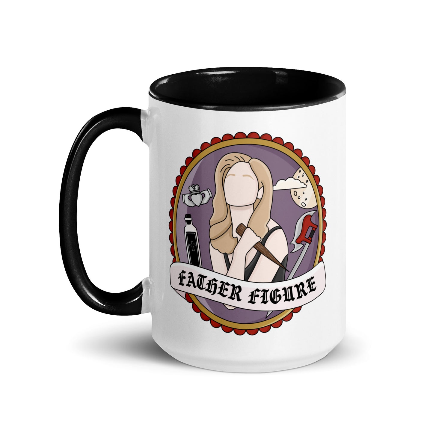 Father Figure Vampire Slayer Accent Coffee Mug by Spinsterly Co, white ceramic with glossy gothic warrior art