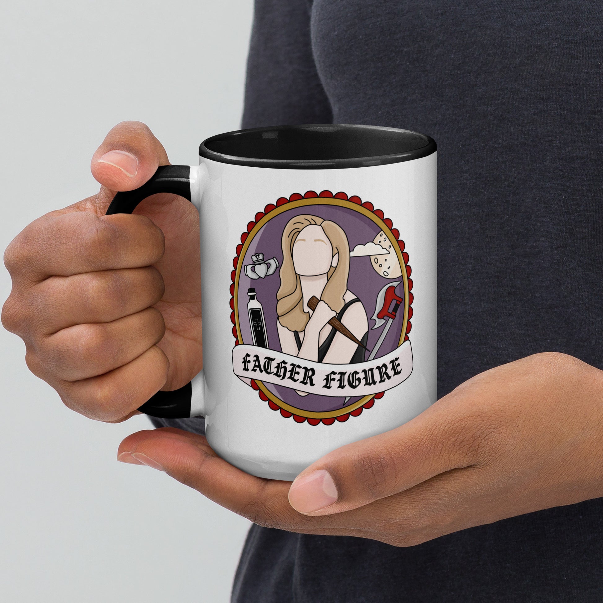 Father Figure Vampire Slayer Accent Coffee Mug by Spinsterly Co, white ceramic with glossy tattoo warrior art