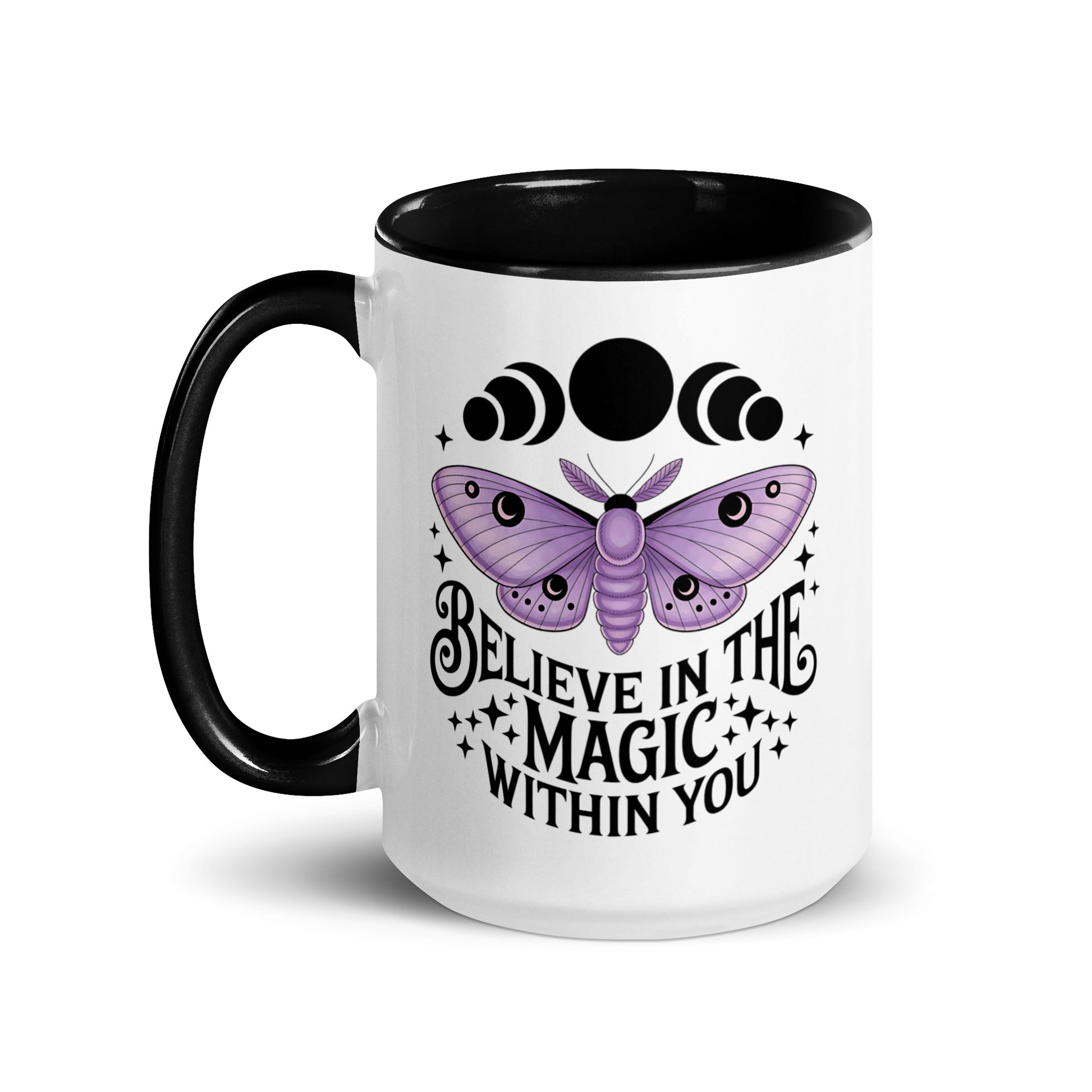 Believe in the Magic Within You Moth and Moon Accent Coffee Mug by Spinsterly Co, white ceramic with glossy finish