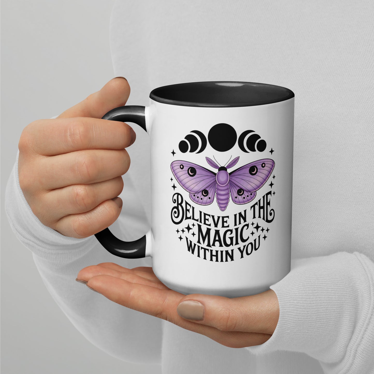 Believe in the Magic Within You Moth and Moon Accent Coffee Mug by Spinsterly Co, white ceramic with glossy triple moon