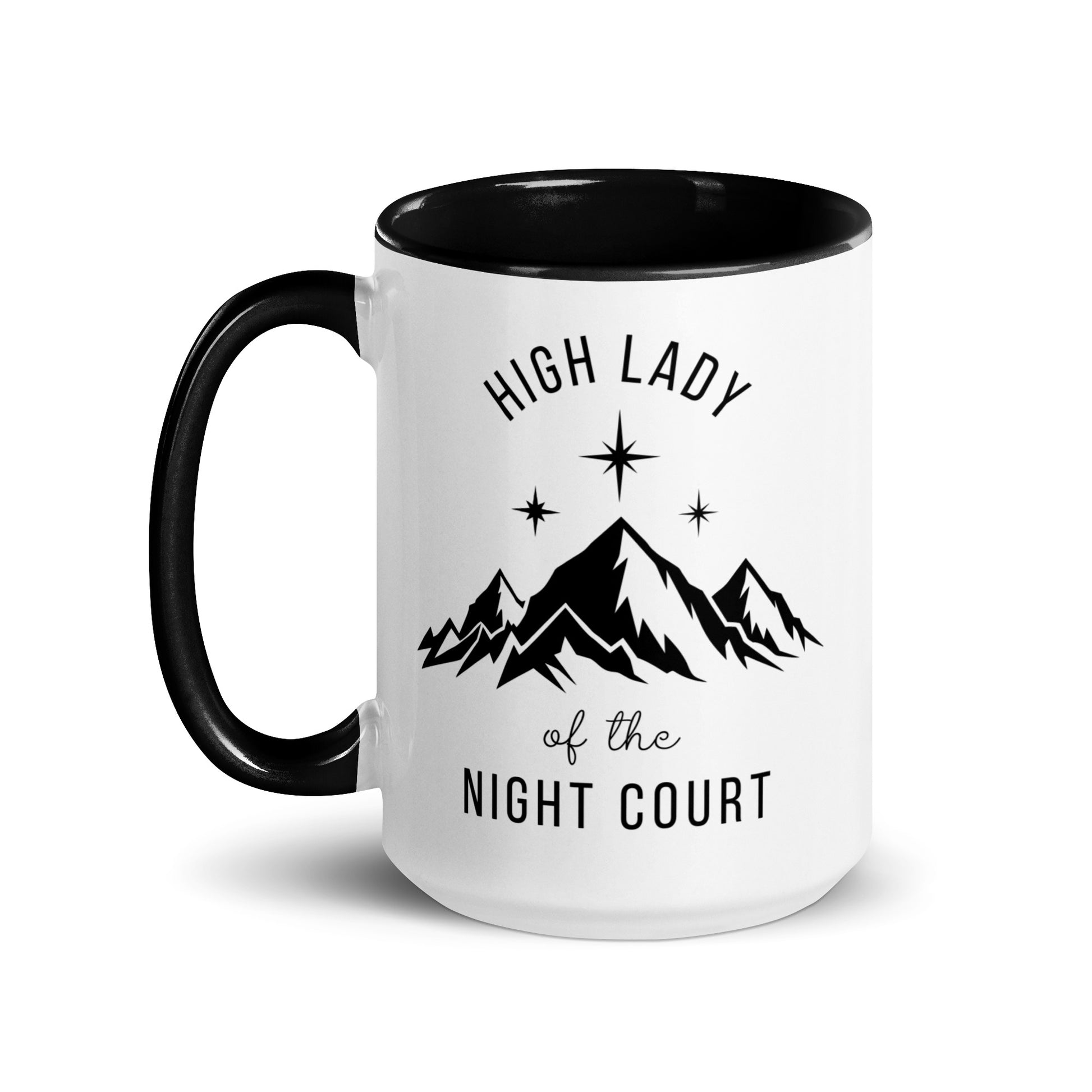 High Lady of the Night Court Mountain Star Accent Coffee Mug by Spinsterly Co, glossy ceramic with black interior