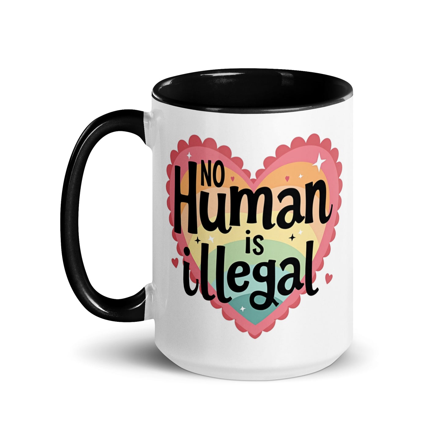 No Human is Illegal Rainbow Heart Accent Coffee Mug by Spinsterly Co, white ceramic with black handle