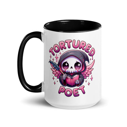 Tortured Poet Kawaii Grim Reaper Accent Coffee Mug by Spinsterly Co, white ceramic with glossy black interior