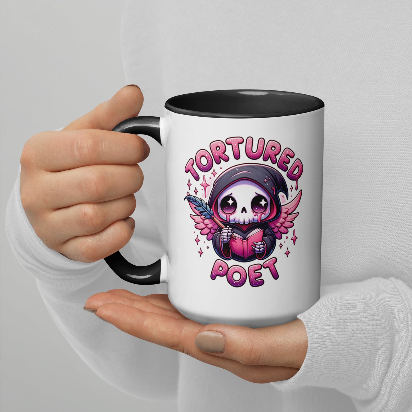 Tortured Poet Kawaii Grim Reaper Accent Coffee Mug by Spinsterly Co, white ceramic with glossy reaper design