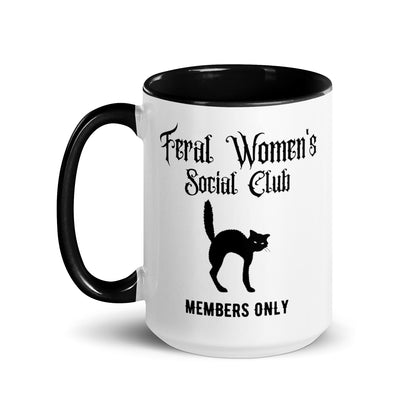 Feral Women's Social Club Accent Coffee Mug by Spinsterly Co, white ceramic with black cat silhouette
