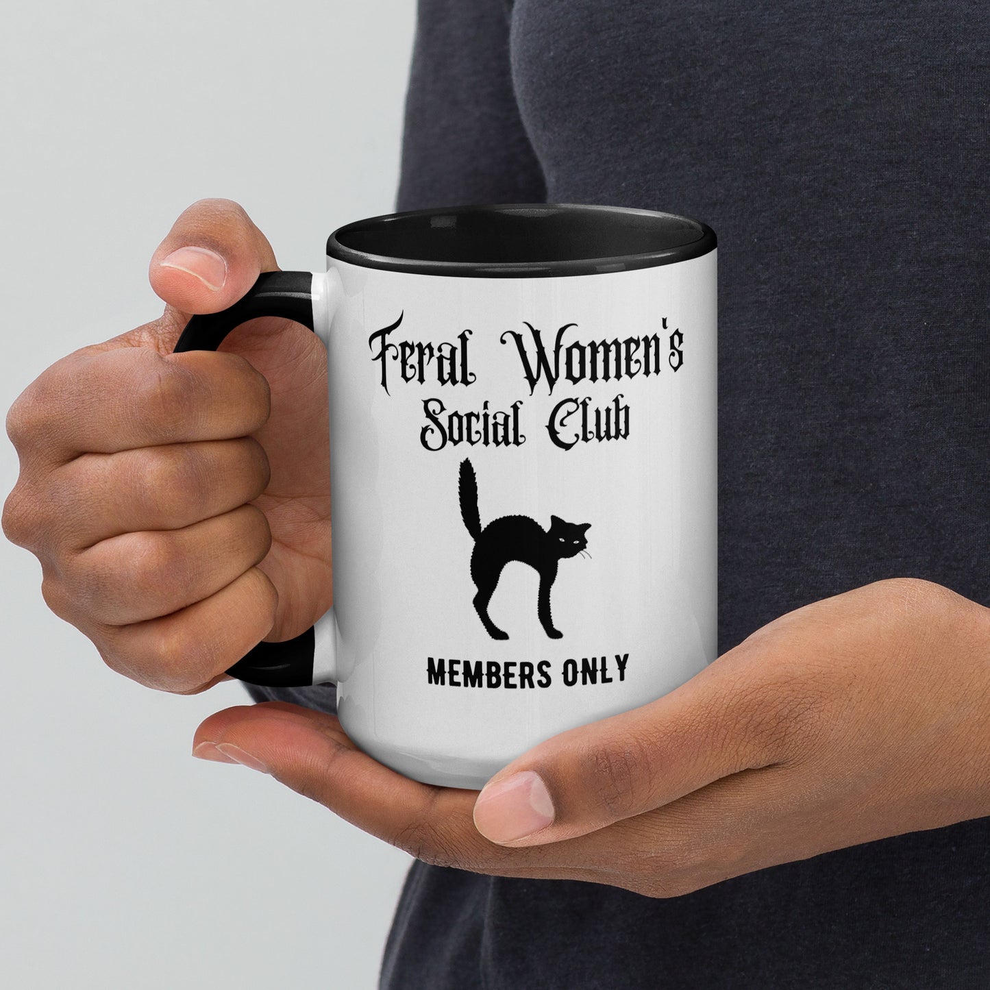 Feral Women's Social Club Accent Coffee Mug by Spinsterly Co, white ceramic with arched cat and Members Only stamp