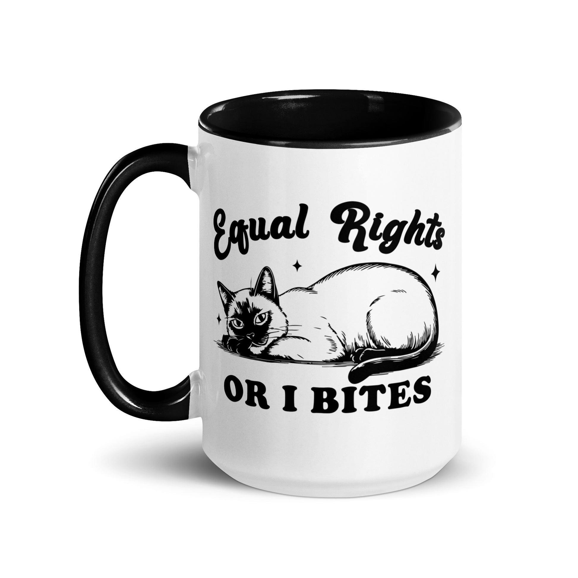 Equal Rights or I Bites Siamese Cat Accent Coffee Mug by Spinsterly Co, glossy ceramic, black handle