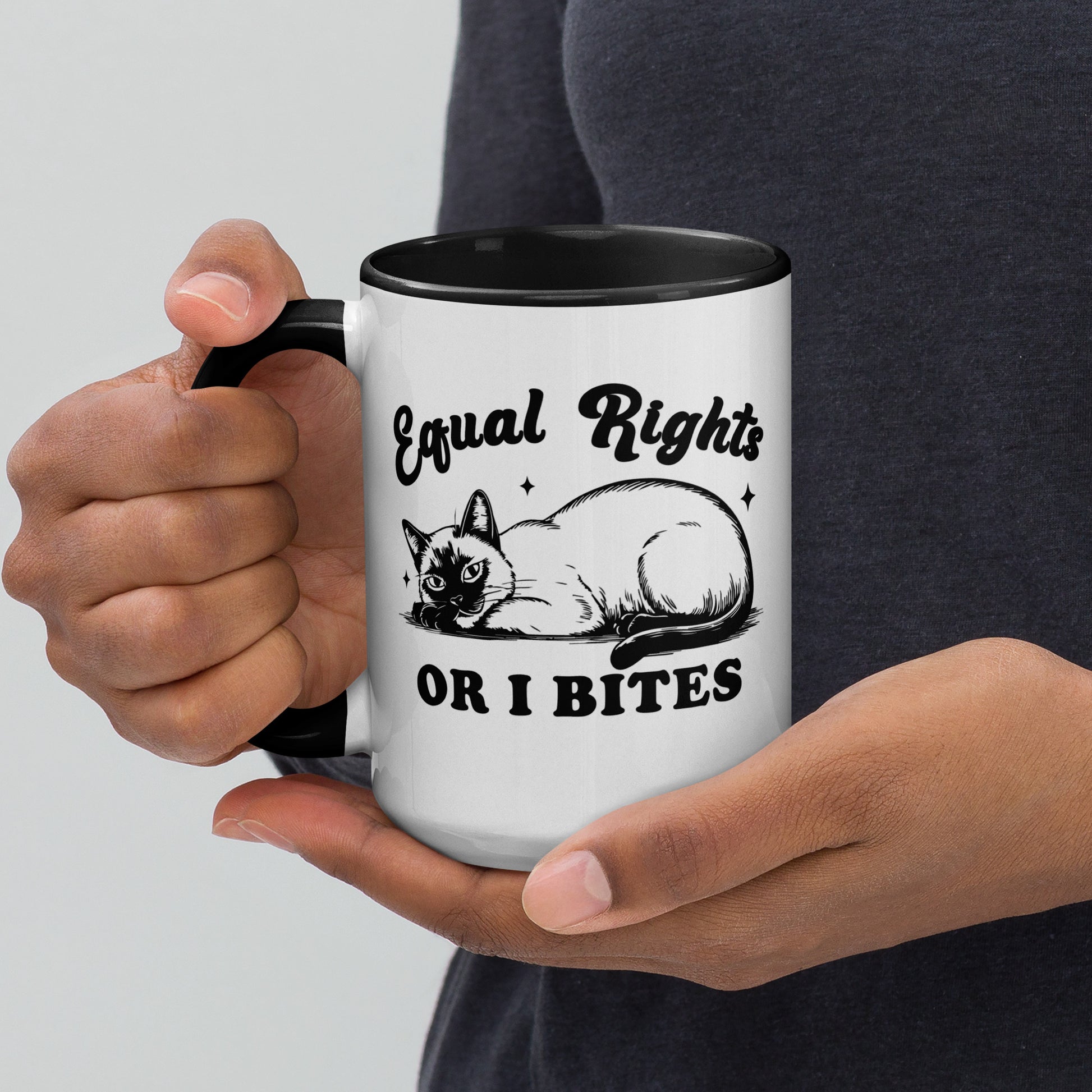 Equal Rights or I Bites Siamese Cat Accent Coffee Mug by Spinsterly Co, glossy ceramic white with C handle