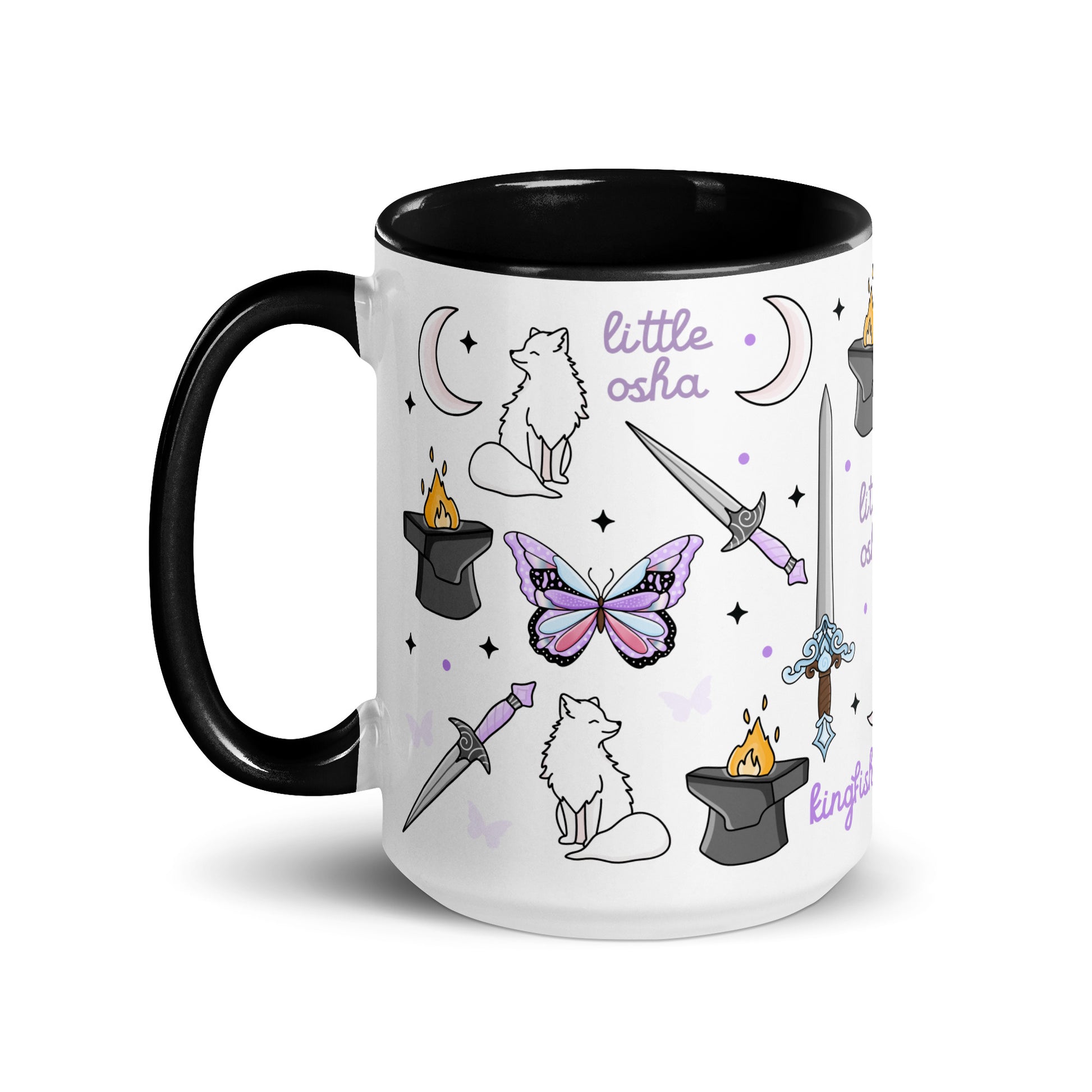 Little Osha Fantasy Scatter Pattern Accent Coffee Mug by Spinsterly Co, white ceramic with glossy finish