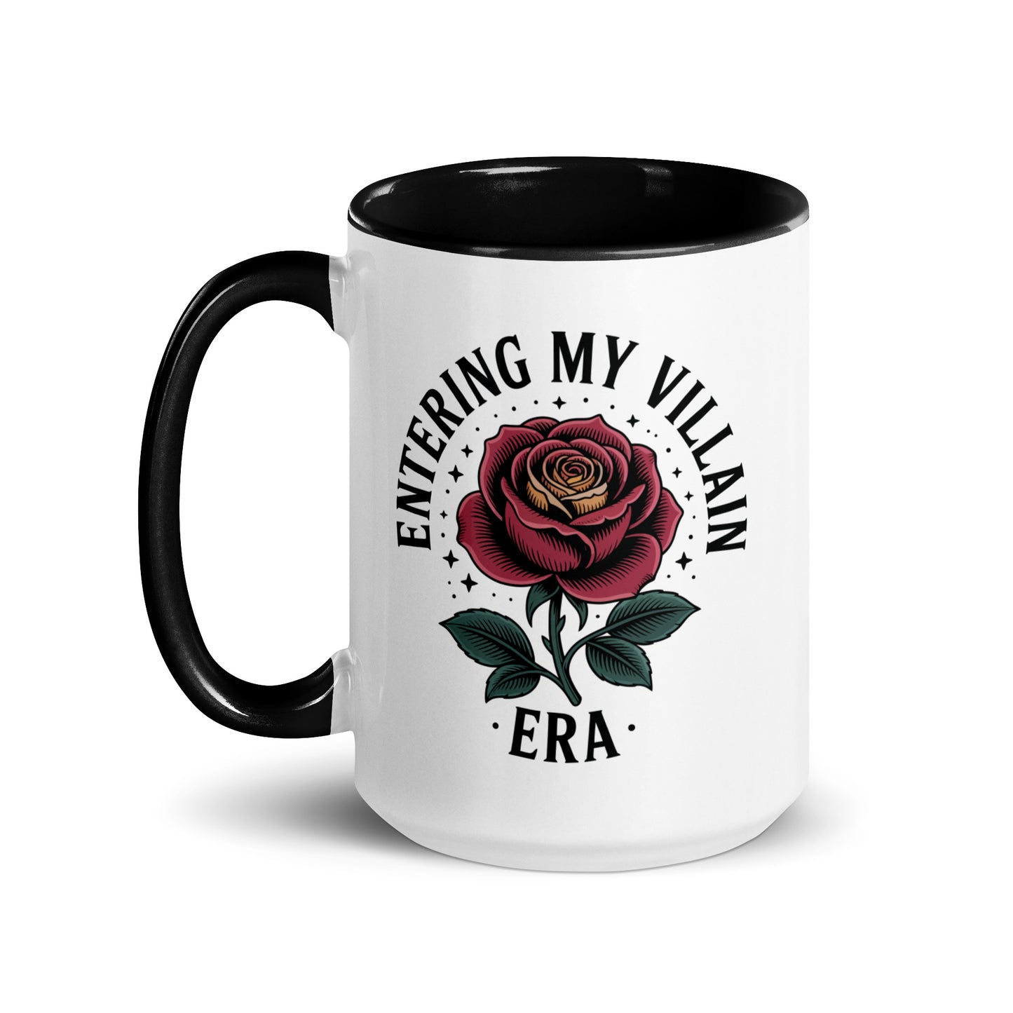 Entering My Villain Era Rose Accent Coffee Mug by Spinsterly Co, glossy ceramic with black interior