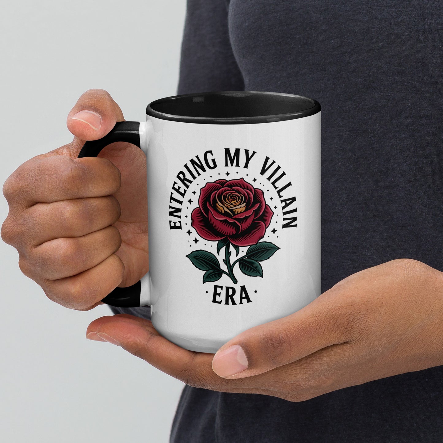 Entering My Villain Era Rose Accent Coffee Mug by Spinsterly Co, glossy ceramic with black interior and rose graphic