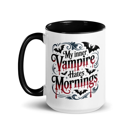 My Inner Vampire Hates Mornings Gothic Accent Coffee Mug by Spinsterly Co, glossy white ceramic with bat typography