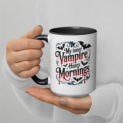 My Inner Vampire Hates Mornings Gothic Accent Coffee Mug by Spinsterly Co, glossy white ceramic with bat typography