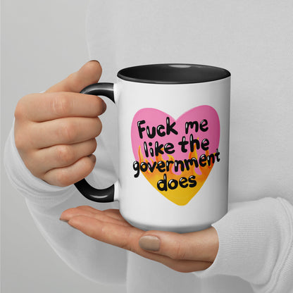Fck Me Like the Government Does Flame Heart Accent Coffee Mug by Spinsterly, white mug with glossy flame heart