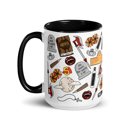 She Saved the World a Lot Slayer Scatter Pattern Accent Coffee Mug by Spinsterly Co, glossy ceramic with black interior
