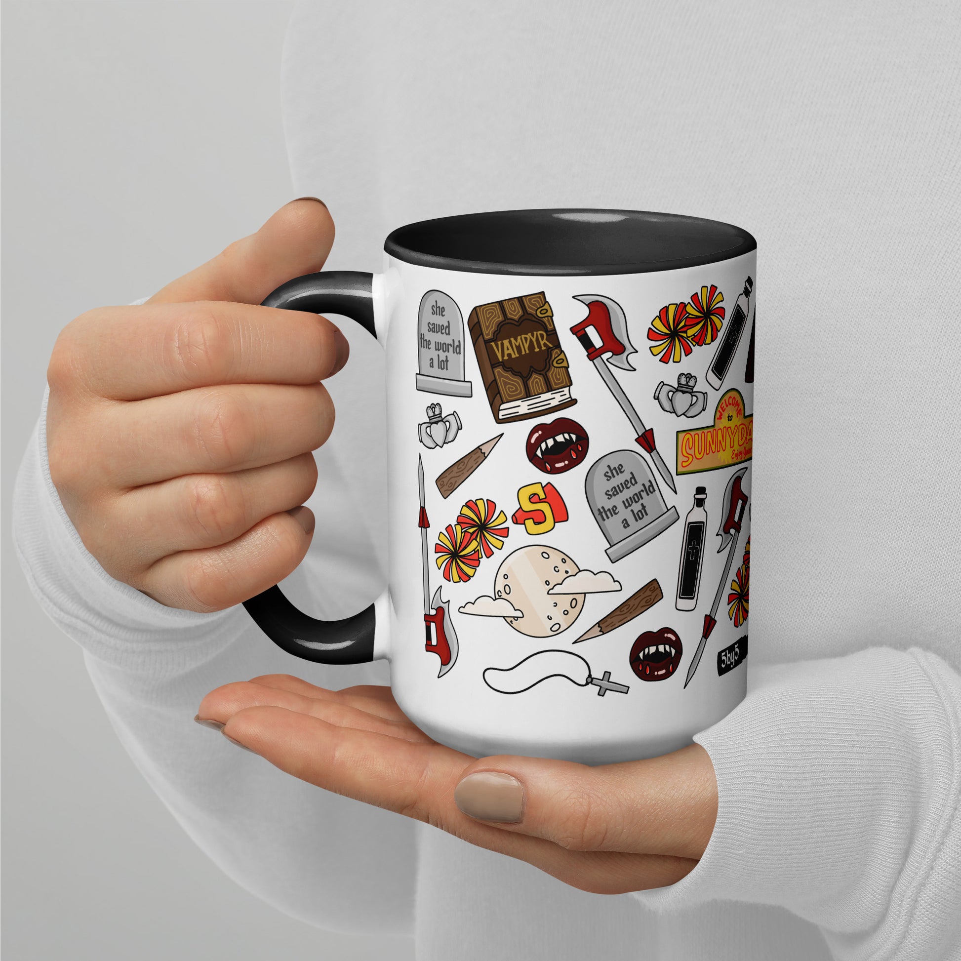 She Saved the World a Lot Slayer Scatter Pattern Accent Coffee Mug by Spinsterly Co, white ceramic glossy mug