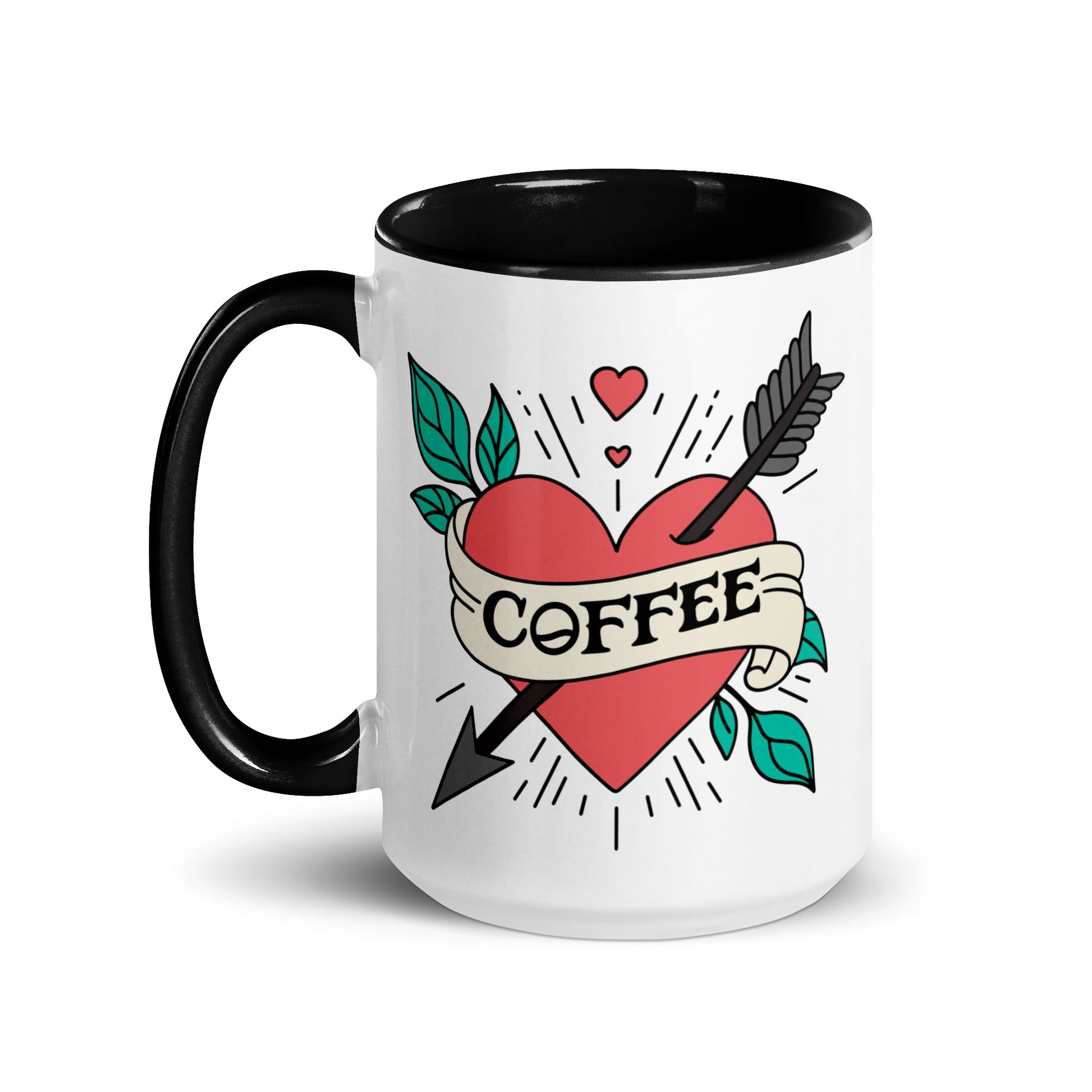Coffee Tattoo Heart Arrow Accent Coffee Mug by Spinsterly Co in glossy white ceramic with red heart and arrow