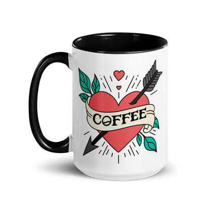 Coffee Tattoo Heart Arrow Accent Coffee Mug by Spinsterly Co in glossy white ceramic with red heart and arrow