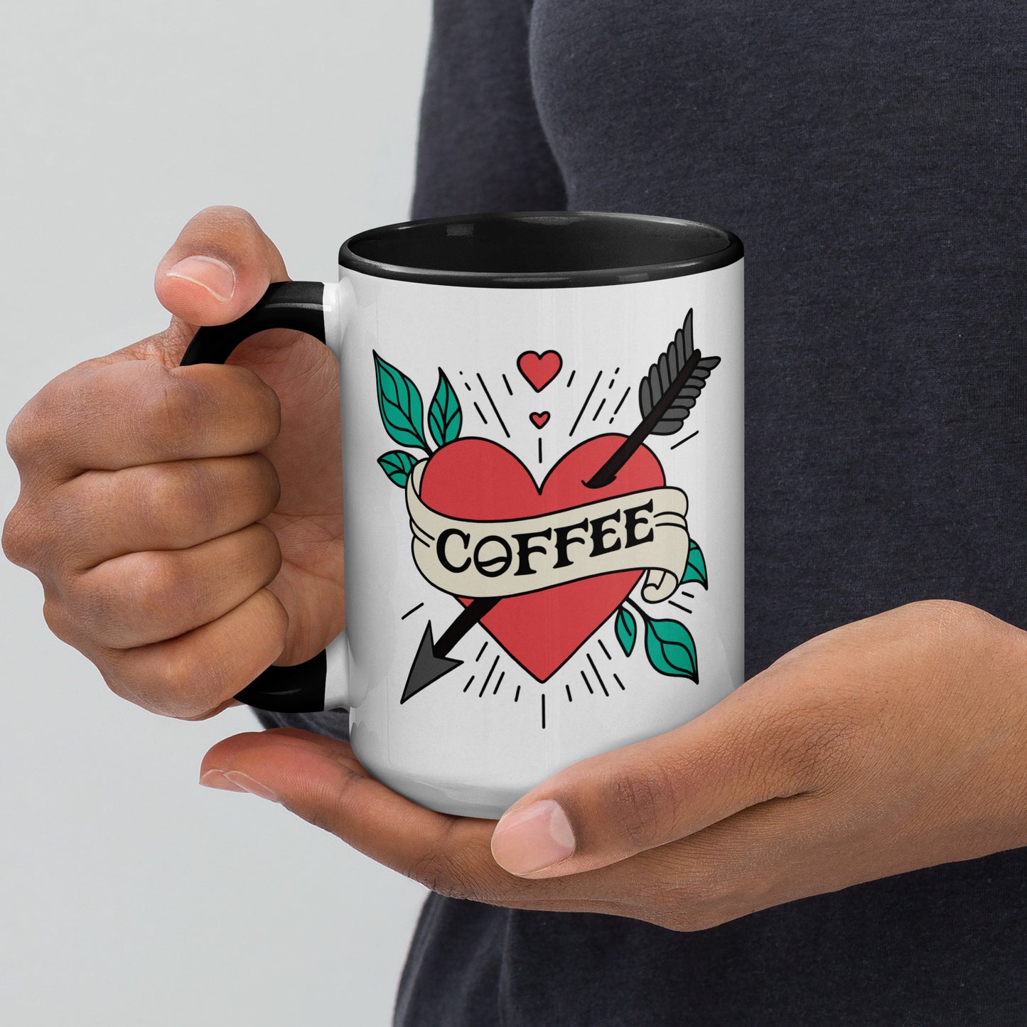 Coffee Tattoo Heart Arrow Accent Coffee Mug by Spinsterly Co with glossy white ceramic and red heart design