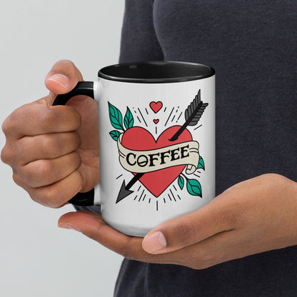 Coffee Tattoo Heart Arrow Accent Coffee Mug by Spinsterly Co with glossy white ceramic and red heart design