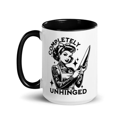 Completely Unhinged Tattooed Pin-Up Dagger Accent Coffee Mug by Spinsterly Co, glossy ceramic, black interior