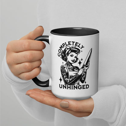 Completely Unhinged Tattooed Pin-Up Dagger Accent Coffee Mug by Spinsterly Co, white ceramic with glossy finish