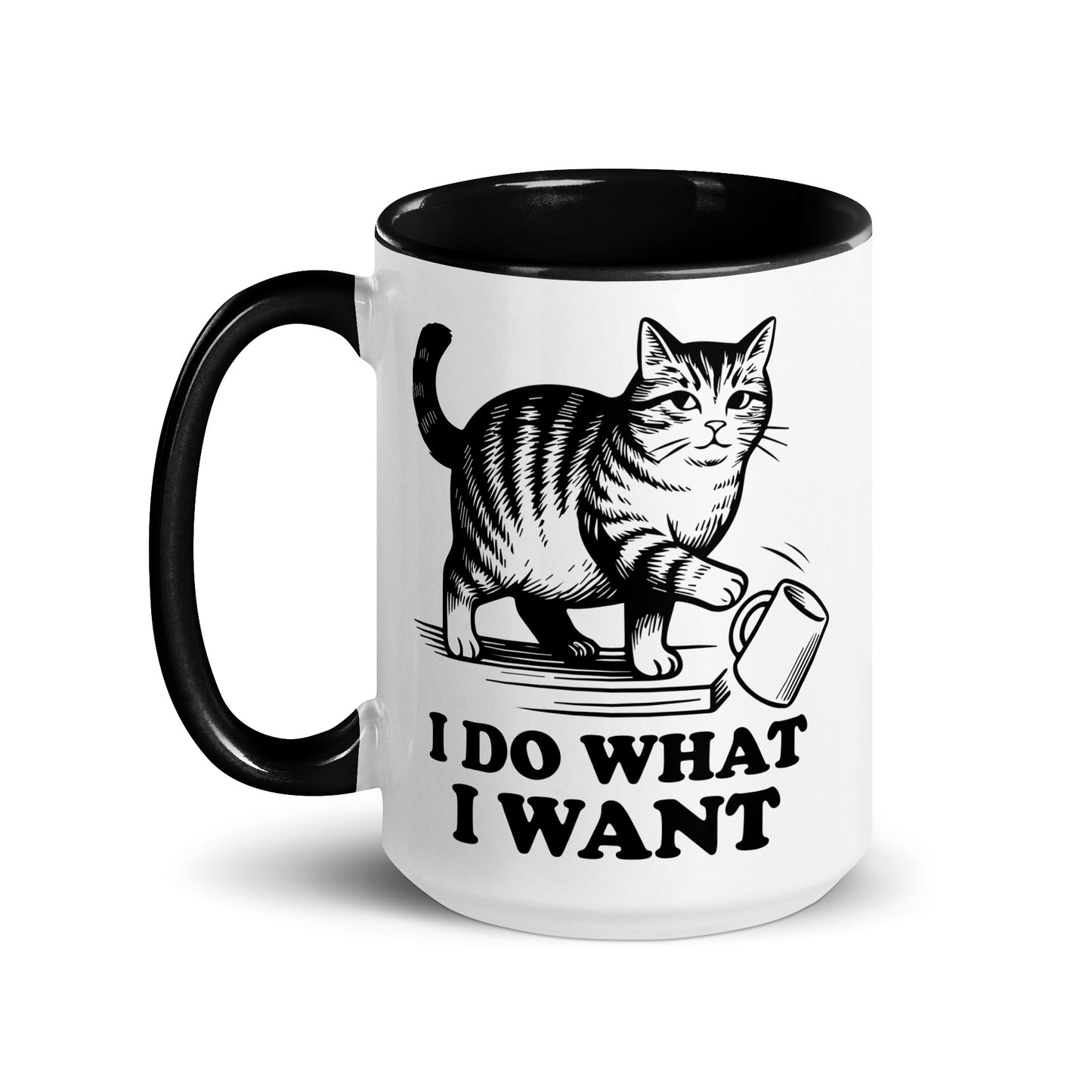 I Do What I Want Cat Knocking Mug Accent Coffee Mug by Spinsterly Co, glossy ceramic with tabby cat graphic
