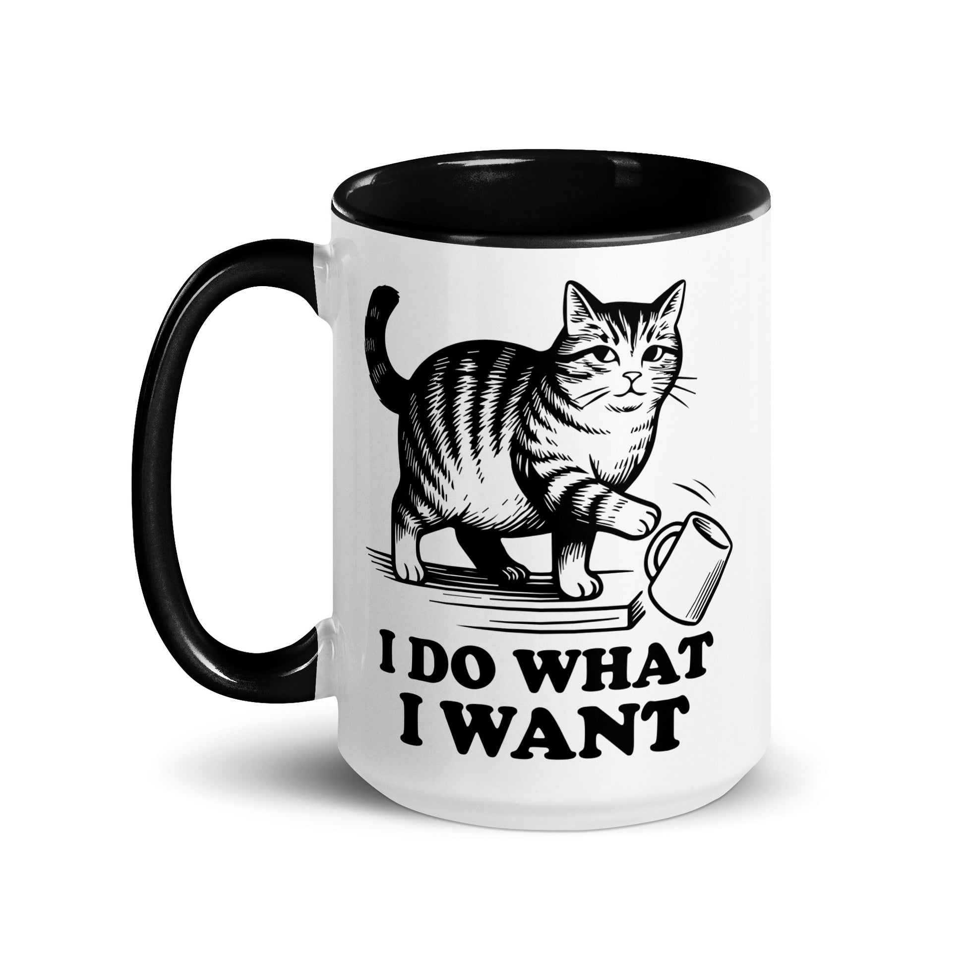 I Do What I Want Cat Knocking Mug Accent Coffee Mug by Spinsterly Co, glossy ceramic with tabby cat graphic