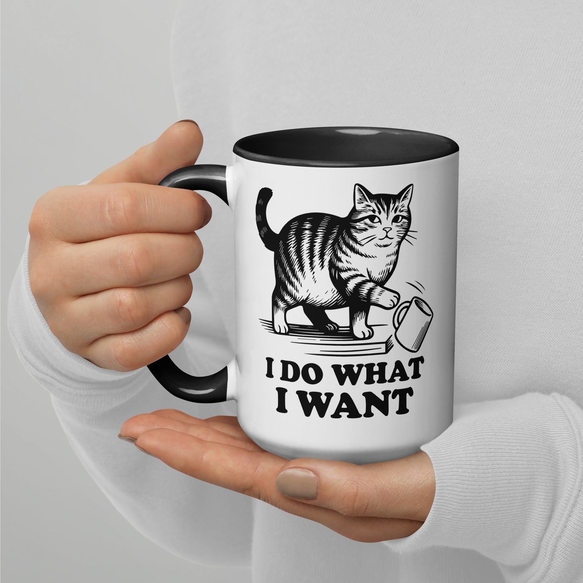 I Do What I Want Cat Knocking Mug Accent Coffee Mug by Spinsterly Co glossy ceramic black interior mug