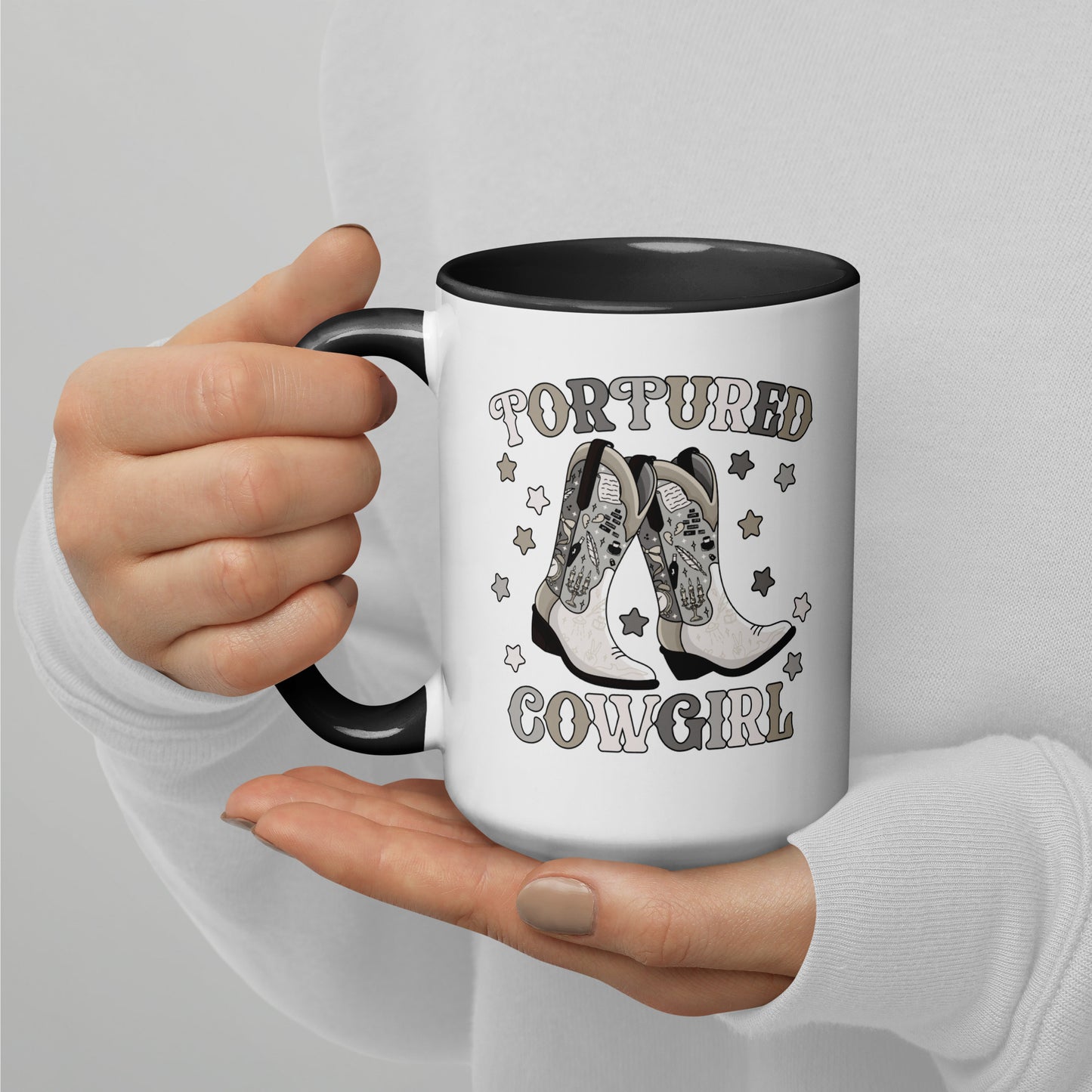 Tortured Cowgirl Western Boot Accent Coffee Mug by Spinsterly Co, white ceramic with glossy finish