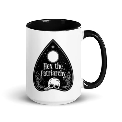 Hex the Patriarchy Ouija Planchette Color Inside Ceramic Coffee Mug by Spinsterly Co, glossy black interior