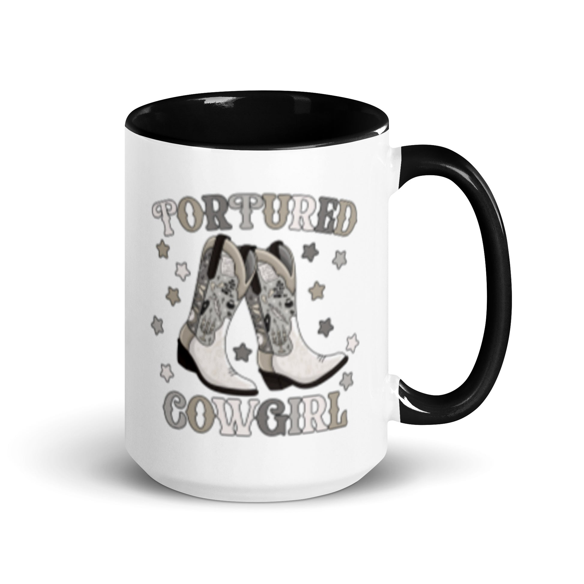 Tortured Cowgirl Western Boot Accent Coffee Mug by Spinsterly Co, glossy white ceramic with black interior