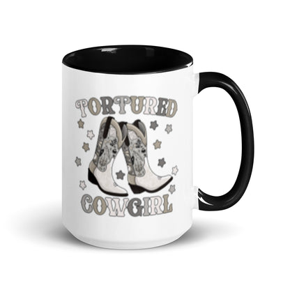 Tortured Cowgirl Western Boot Accent Coffee Mug by Spinsterly Co, glossy white ceramic with black interior