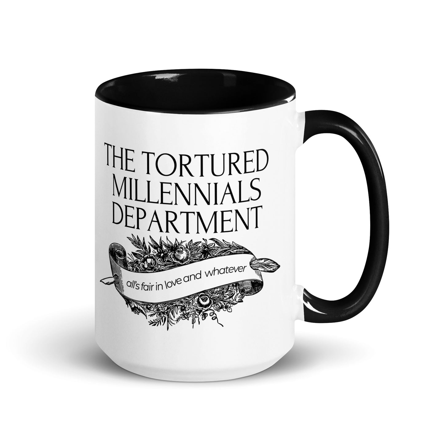 The Tortured Millennials Department Accent Coffee Mug Spinsterly Co ceramic mug with glossy black interior