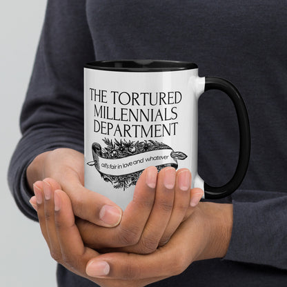 The Tortured Millennials Department Accent Coffee Mug by Spinsterly Co, black interior, glossy ceramic with vintage banner
