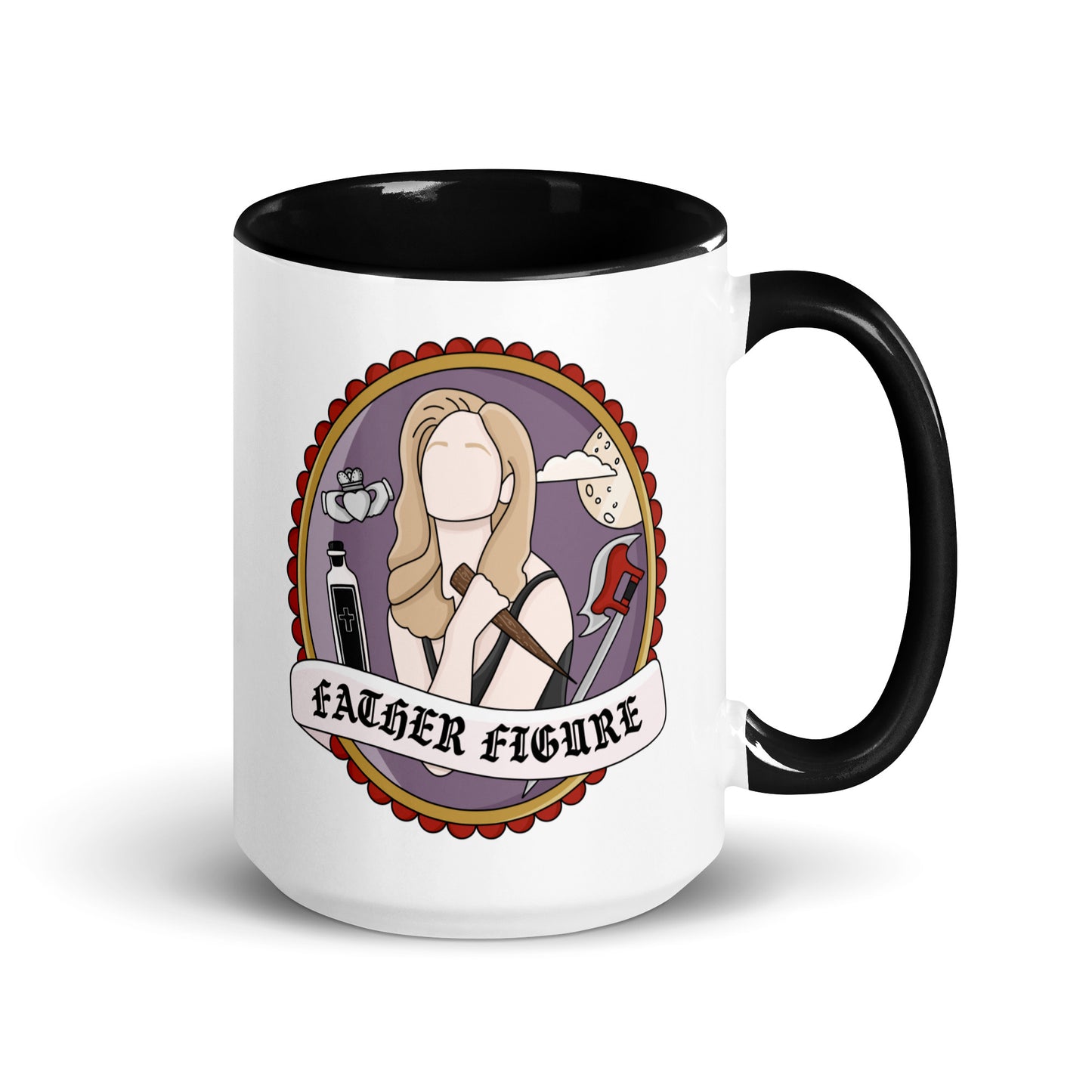 Father Figure Vampire Slayer Accent Coffee Mug by Spinsterly Co, glossy ceramic with black interior and C-handle