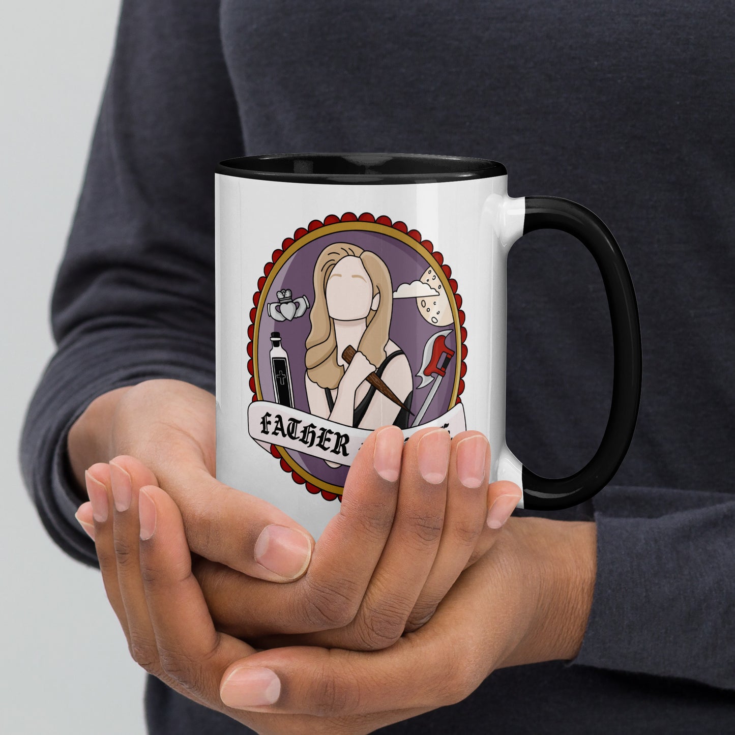 Father Figure Vampire Slayer Accent Coffee Mug by Spinsterly Co with glossy ceramic finish and gothic warrior art
