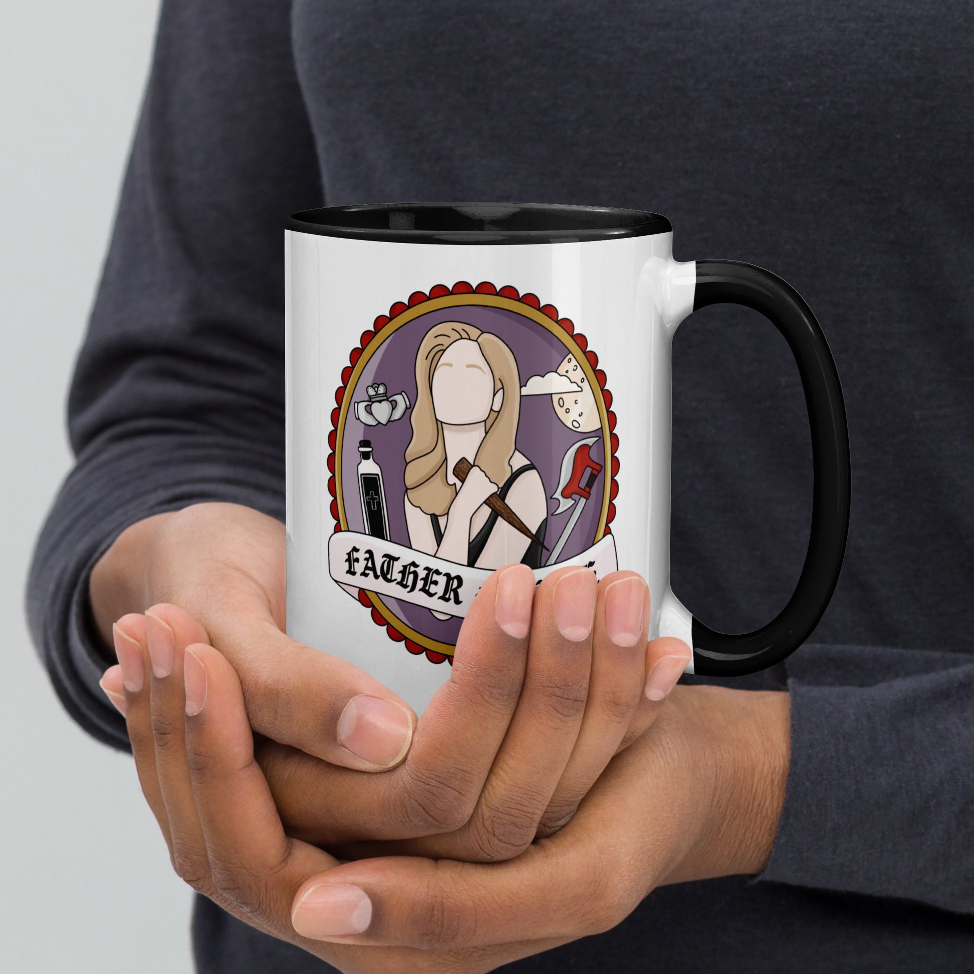Father Figure Vampire Slayer Accent Coffee Mug by Spinsterly Co with glossy ceramic finish and gothic warrior art