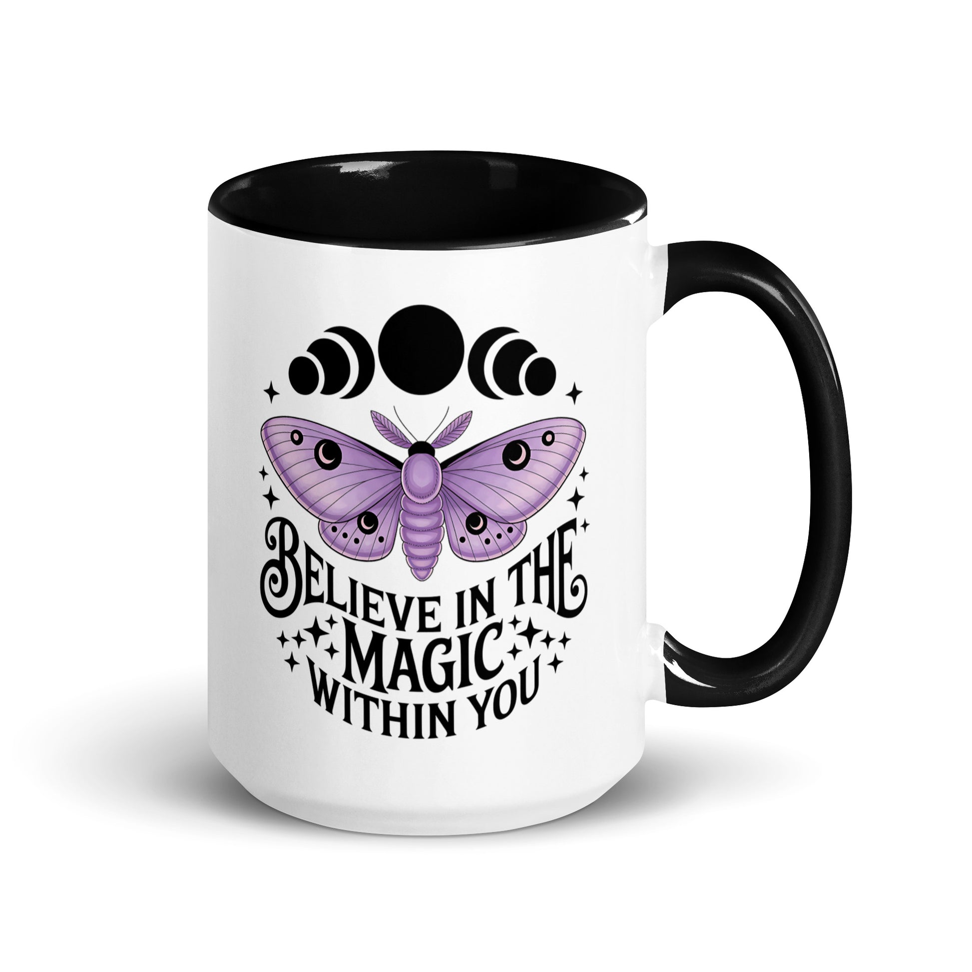 Believe in the Magic Within You Moth Moon Accent Coffee Mug by Spinsterly Co, white ceramic with glossy finish
