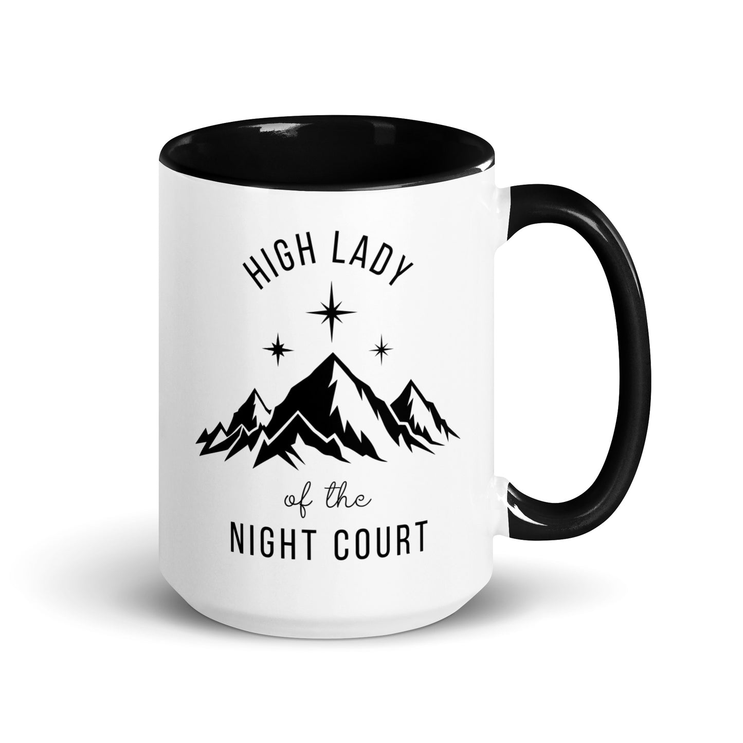 High Lady of the Night Court Mountain Star Accent Coffee Mug by Spinsterly Co, glossy ceramic black interior