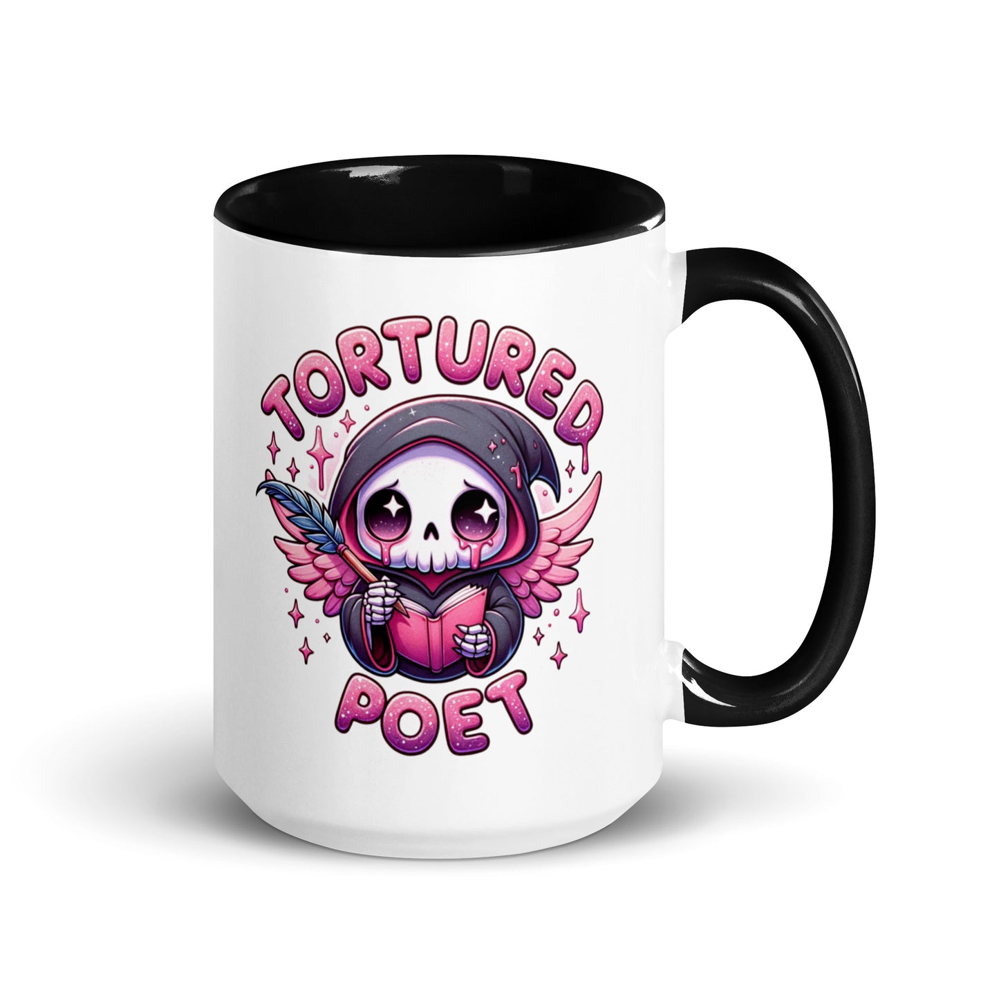 Tortured Poet Kawaii Grim Reaper Accent Coffee Mug by Spinsterly Co, white ceramic with black interior